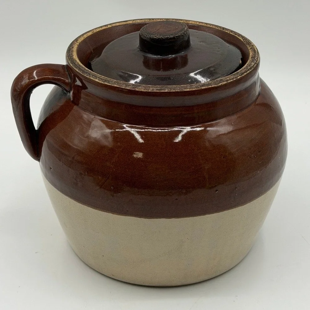 Vintage Robinson Ransbottom Blue Crown 3 Two Tone Stoneware Bean Pot with Lid